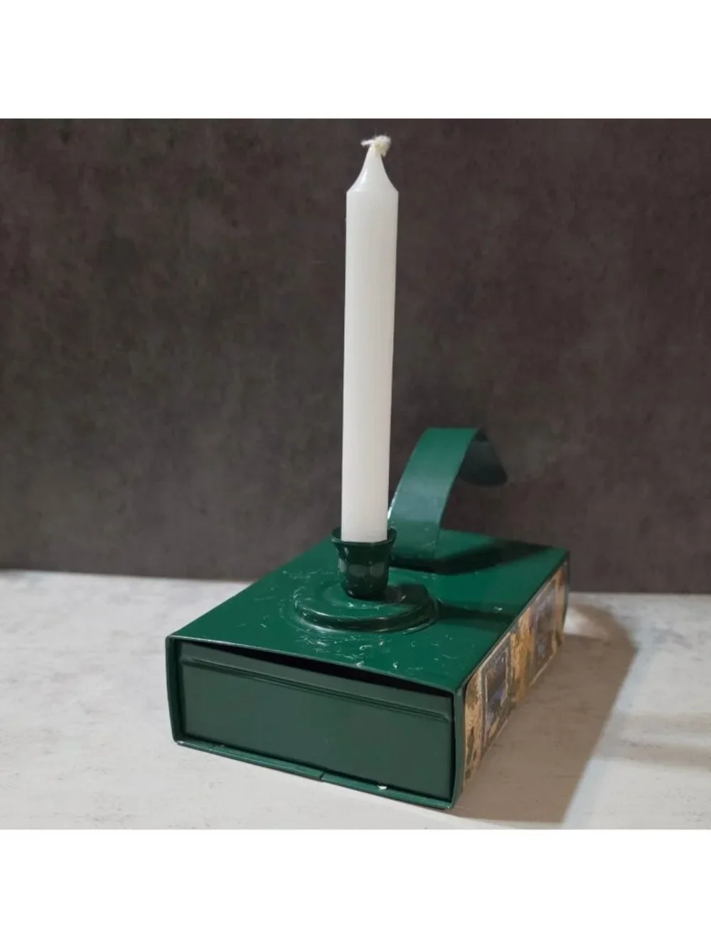 Vtg Green Metal Emergency Candle Tin Holder Storage Drawer Cabin Lodge Bear
